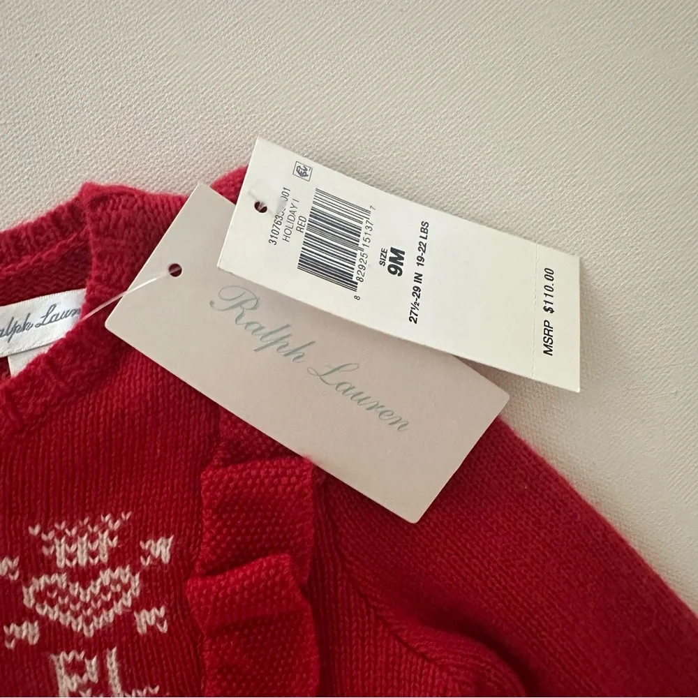 Ralph Lauren 9 Months Baby Girl Red Sweater Reindeer Holiday Christmas NWT